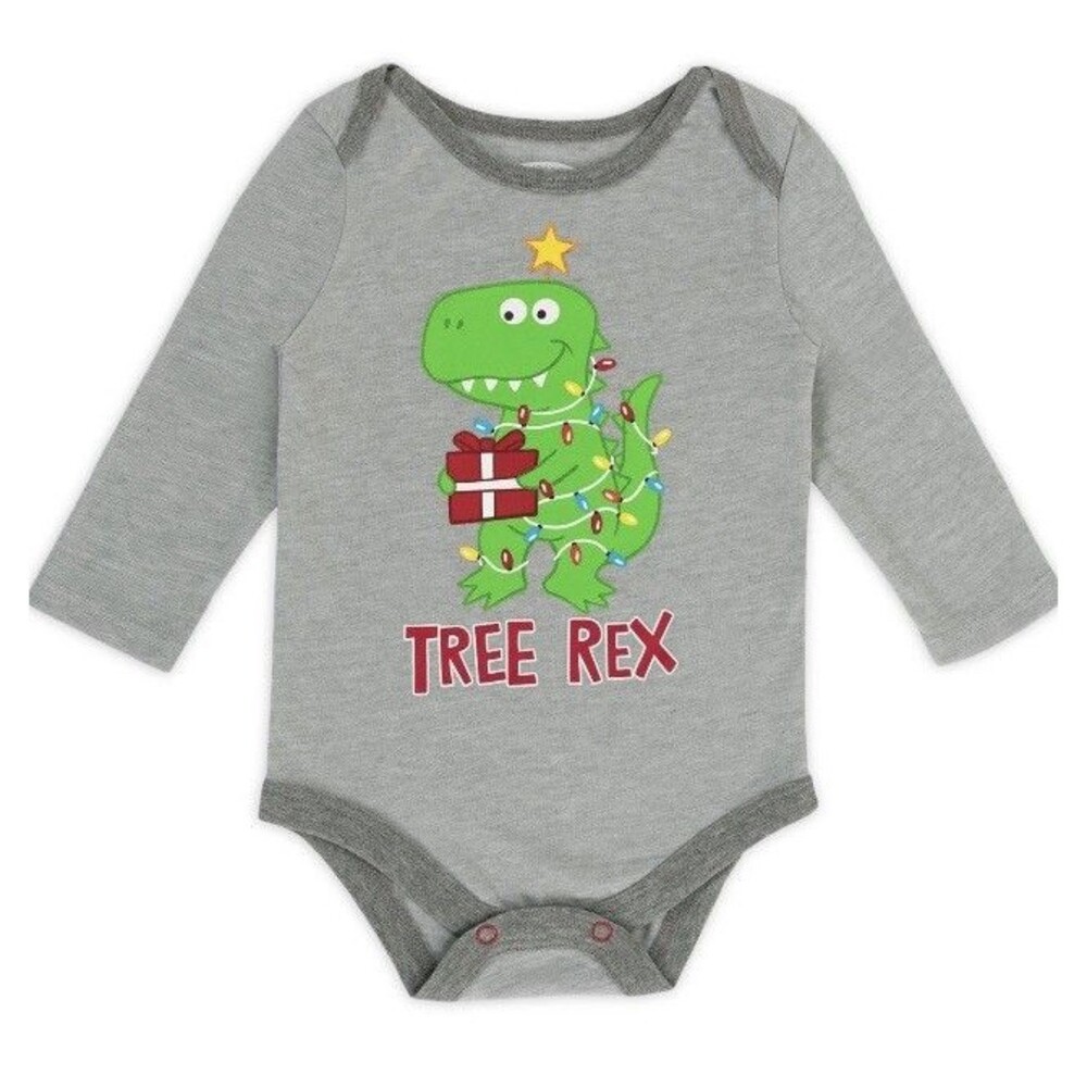 Holiday Time Baby Boy Gray Long Sleeve Graphic Tree Rex Bodysuit Size 3-6M